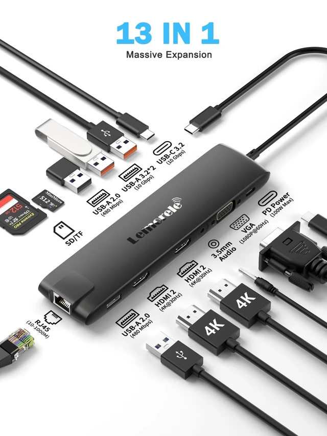 Alt view image 3 of 7 - Lemorele 13-in-1 USB C Docking Station with Triple Display, 2X 4K HDMI, VGA, 100W PD, 6 USB Ports (incl. USB-C 3.2), Gigabit Ethernet, SD/TF Reader, 3.5mm Audio for MacBook/Windows