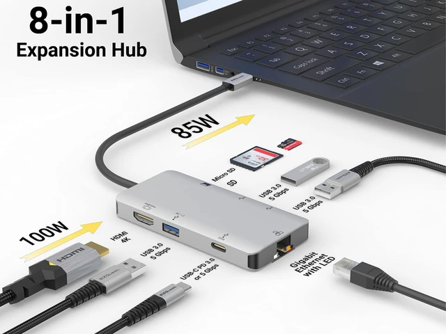 Alt view image 3 of 7 - EZQuest USB C Hub Docking Station 8 in 1 with 4K HDMI, 1 Gbit Ethernet, 3 USB A 3.0 Ports, 1 USB-C PD/Data, SD/Micro SD for Work and Travel, Compatible with MacBook/Dell/HP/Lenovo/Laptops