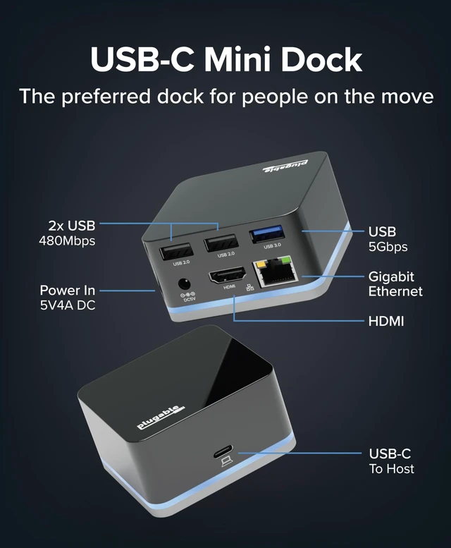 Alt view image 2 of 7 - Plugable USB-C Wired Cube Mini Docking Station | Compact HDMI, Gigabit Ethernet, and 3 USB Ports - Works with USB-C, USB4, and Thunderbolt, Macbook, Windows, Chromebook
