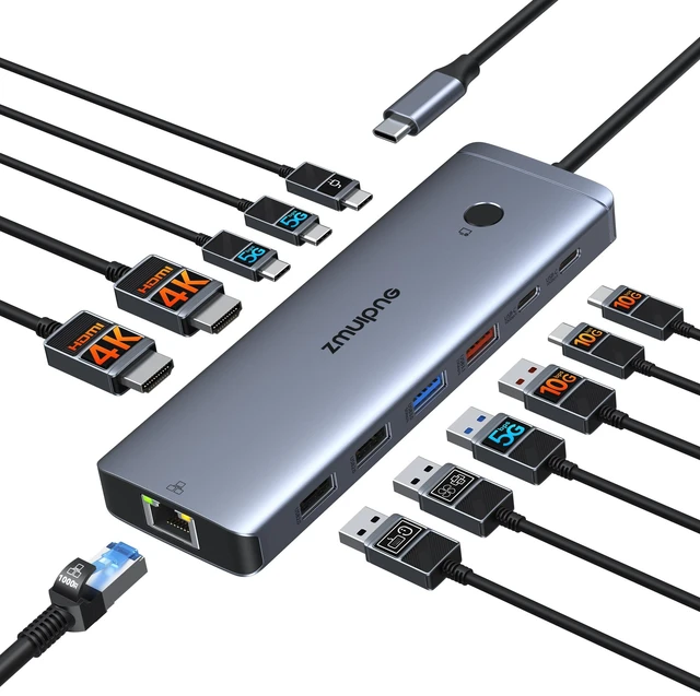 Main image of Laptop Docking Station Dual Monitor 2 HDMI Adapter for Dell/HP, USB C Dock | USB C to 2 HDMI Dual 4K HDMI Adapter, 10Gbps Data, Turn On/Off Button, USB A/C Port RJ45 Port USB C 100W PD Port for Laptop