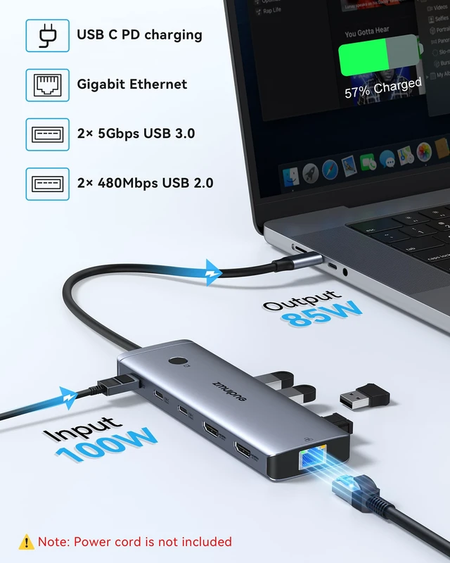 Alt view image 6 of 7 - Laptop Docking Station Dual Monitor 2 HDMI Adapter for Dell/HP, USB C Dock | USB C to 2 HDMI Dual 4K HDMI Adapter, 10Gbps Data, Turn On/Off Button, USB A/C Port RJ45 Port USB C 100W PD Port for Laptop