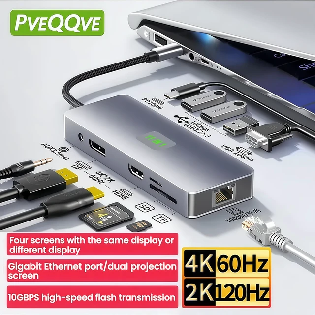 Alt view image 3 of 7 - Laptop Docking Station Dual Monitor, 11-in-1 USB C Hub with 4K HDMI | USB C Hub Multiport Adapter With DP And VGA,10Gbps USB 3.2,100W PD Charging, Gigabit Ethernet, SD/TF for Mac Dell HP Lenovo