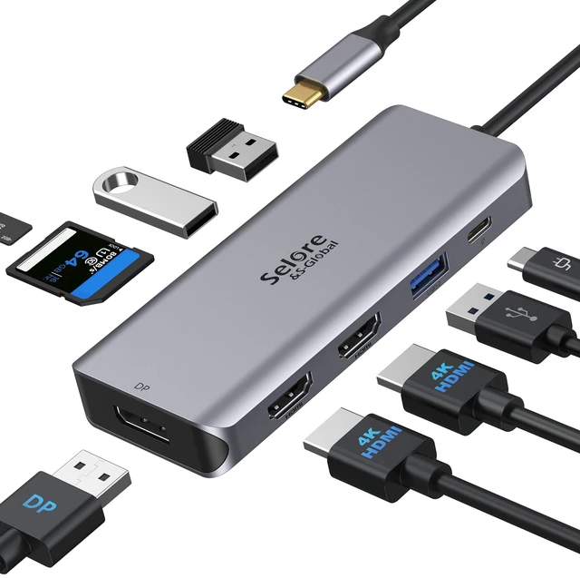 Main image of USB C Docking Station Dual HDMI Monitor Adapter 9 in 1 Triple Display Hub | Dual HDMI, Displayport, SD/microSD Card Reader, 2 USB 2.0, 1 USB 3.0, 100W PD, for USB C Thunderbolt 3/4 Laptops