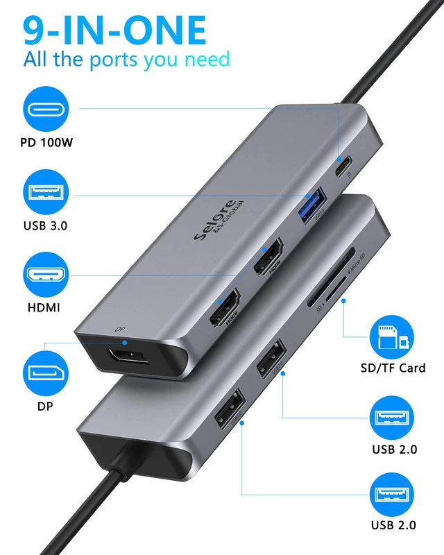 Alt view image 2 of 7 - USB C Docking Station Dual HDMI Monitor Adapter 9 in 1 Triple Display Hub | Dual HDMI, Displayport, SD/microSD Card Reader, 2 USB 2.0, 1 USB 3.0, 100W PD, for USB C Thunderbolt 3/4 Laptops