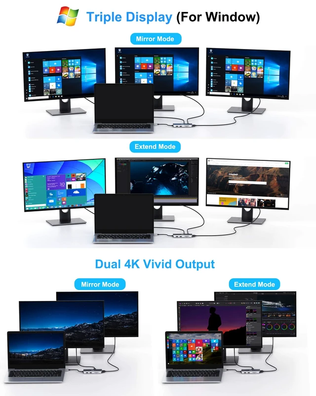 Alt view image 4 of 7 - USB C Docking Station Dual HDMI Monitor Adapter 9 in 1 Triple Display Hub | Dual HDMI, Displayport, SD/microSD Card Reader, 2 USB 2.0, 1 USB 3.0, 100W PD, for USB C Thunderbolt 3/4 Laptops