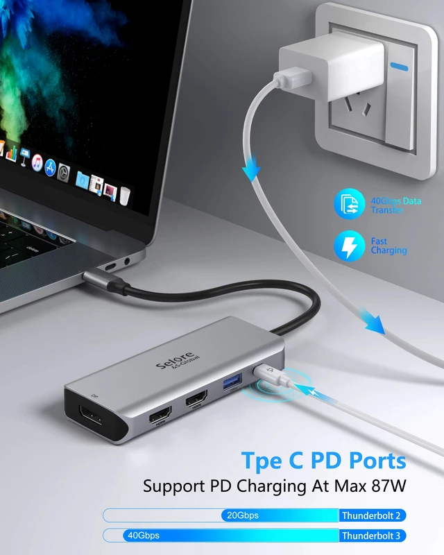 Alt view image 6 of 7 - USB C Docking Station Dual HDMI Monitor Adapter 9 in 1 Triple Display Hub | Dual HDMI, Displayport, SD/microSD Card Reader, 2 USB 2.0, 1 USB 3.0, 100W PD, for USB C Thunderbolt 3/4 Laptops
