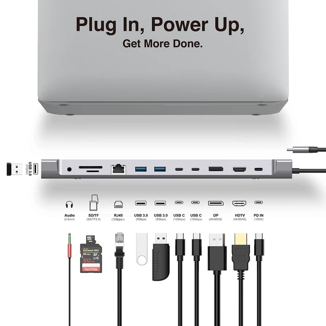 Alt view image 2 of 7 - 12 in 1 USB C Docking Station Dual Monitor HDTV, 4K DP, USB 3.0, 100W PD, RJ45, SD/TF Reader, Universal Laptop Dock for MacBook Pro/Air, Dell, HP, Surface, Lenovo, Plug & Play