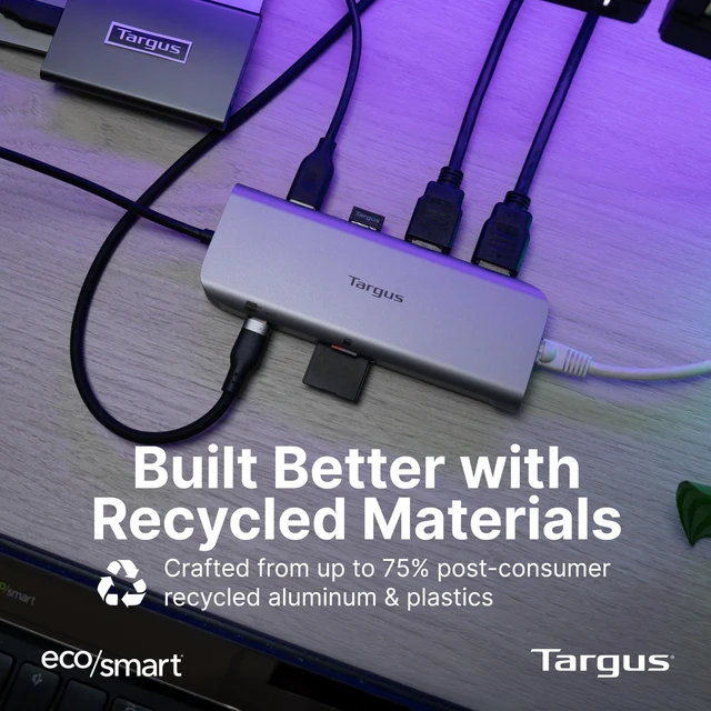 Alt view image 6 of 6 - Targus Dual Video Mobile Dock with 140W EPR Power Pass-Through, Dual HDMI 4K@60Hz, USB-C & USB-A 10Gbps, SD/microSD Reader, Gigabit Ethernet, EcoSmart Design DOCK403GL