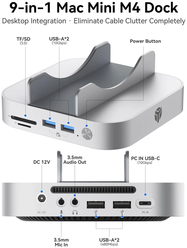 Alt view image 2 of 7 - Yottamaster 9-in-1 Mac mini M6/M5 Pro/M4 Dock with Cooling Fan Aluminum Hub | Mac mini M6/M5/M4 Docking Station with 2*USB-A 3.2, 10Gbps USB-C, 8TB , DC 12V, Vertical Design, 3.5mm Audio, Multi-OS