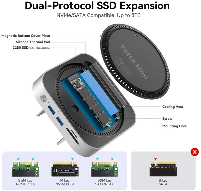 Alt view image 3 of 7 - Yottamaster 9-in-1 Mac mini M6/M5 Pro/M4 Dock with Cooling Fan Aluminum Hub | Mac mini M6/M5/M4 Docking Station with 2*USB-A 3.2, 10Gbps USB-C, 8TB , DC 12V, Vertical Design, 3.5mm Audio, Multi-OS