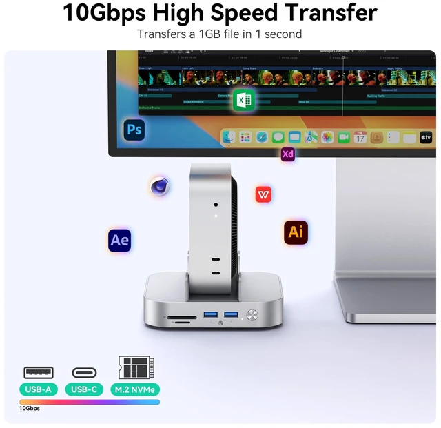 Alt view image 4 of 7 - Yottamaster 9-in-1 Mac mini M6/M5 Pro/M4 Dock with Cooling Fan Aluminum Hub | Mac mini M6/M5/M4 Docking Station with 2*USB-A 3.2, 10Gbps USB-C, 8TB , DC 12V, Vertical Design, 3.5mm Audio, Multi-OS