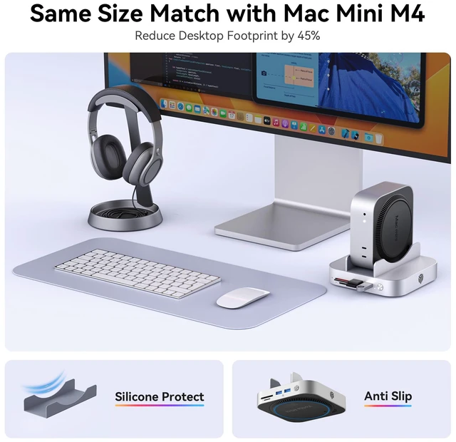 Alt view image 5 of 7 - Yottamaster 9-in-1 Mac mini M6/M5 Pro/M4 Dock with Cooling Fan Aluminum Hub | Mac mini M6/M5/M4 Docking Station with 2*USB-A 3.2, 10Gbps USB-C, 8TB , DC 12V, Vertical Design, 3.5mm Audio, Multi-OS