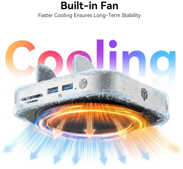 Alt view image 6 of 7 - Yottamaster 9-in-1 Mac mini M6/M5 Pro/M4 Dock with Cooling Fan Aluminum Hub | Mac mini M6/M5/M4 Docking Station with 2*USB-A 3.2, 10Gbps USB-C, 8TB , DC 12V, Vertical Design, 3.5mm Audio, Multi-OS