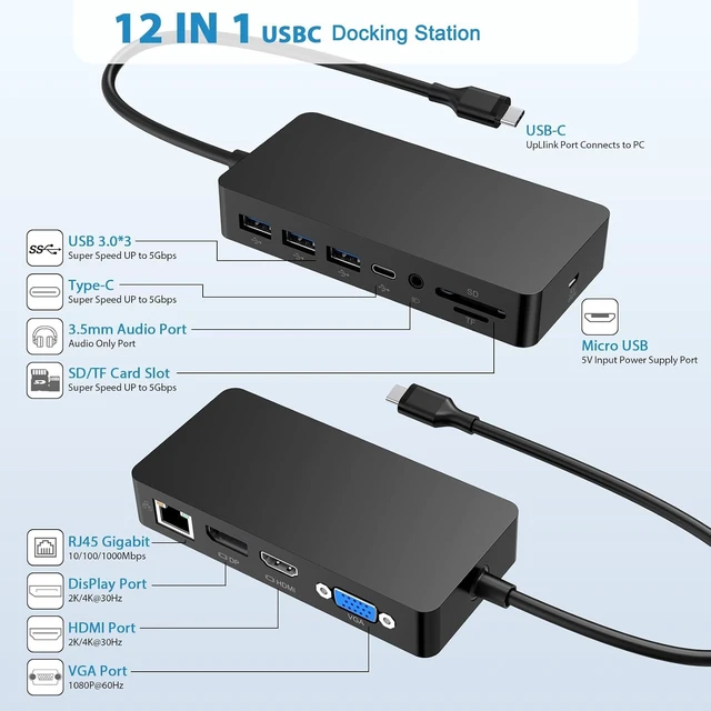 Alt view image 2 of 6 - Ms USB C Dock Triple Display (4K DP+HDMI+VGA), 12 in 1 USB C Docking Station with Gigabit Ethernet, 4K HDMI VGA DP Display, 3xUSB 3.0, Audio Out, 100W PD, SD/TF Combo Dock