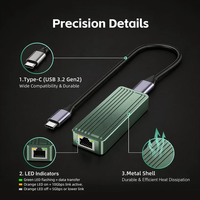 Alt view image 7 of 7 - USB C to 10Gbps Ethernet Adapter, USB 3.2 Gen 2x2 Type-C to RJ45 10G LAN Network Dongle with Realtek RTL8159 Chip, Thunderbolt 3/4 Compatible for MacBook, Windows 11 Laptop, NAS, PC