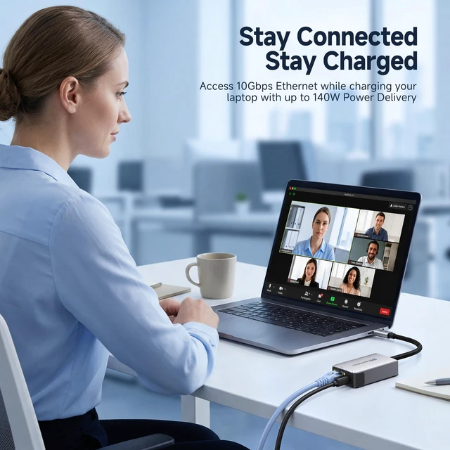 Alt view image 7 of 7 - Cable Matters USB C to 10Gb Ethernet Adapter with 140W PD Charging | Real-World Speed: ~7Gbps on Windows / ~5Gbps on macOS, Low-Heat and Silent, Compatible with USB4 and Thunderbolt 5/4/3