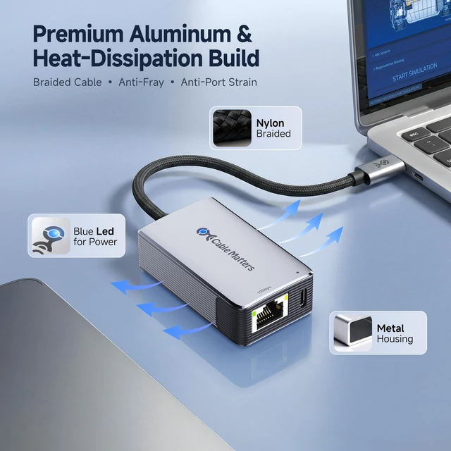 Alt view image 5 of 7 - Cable Matters USB C to 10Gb Ethernet Adapter with 140W PD Charging | Real-World Speed: ~7Gbps on Windows / ~5Gbps on macOS, Low-Heat and Silent, Compatible with USB4 and Thunderbolt 5/4/3