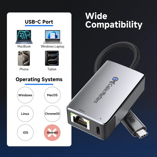 Alt view image 6 of 7 - Cable Matters USB C to 10Gb Ethernet Adapter with 140W PD Charging | Real-World Speed: ~7Gbps on Windows / ~5Gbps on macOS, Low-Heat and Silent, Compatible with USB4 and Thunderbolt 5/4/3