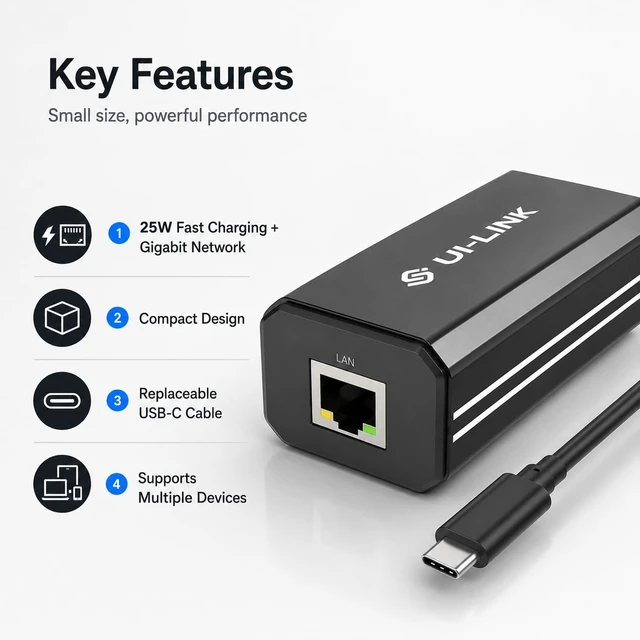 Alt view image 5 of 6 - Gigabit PoE to USB-C Adapter, 25W PD Charging and 1000Mbps Ethernet, IEEE 802.3af/at Converter for Tablets, Kiosks, Cameras and Echo Hub