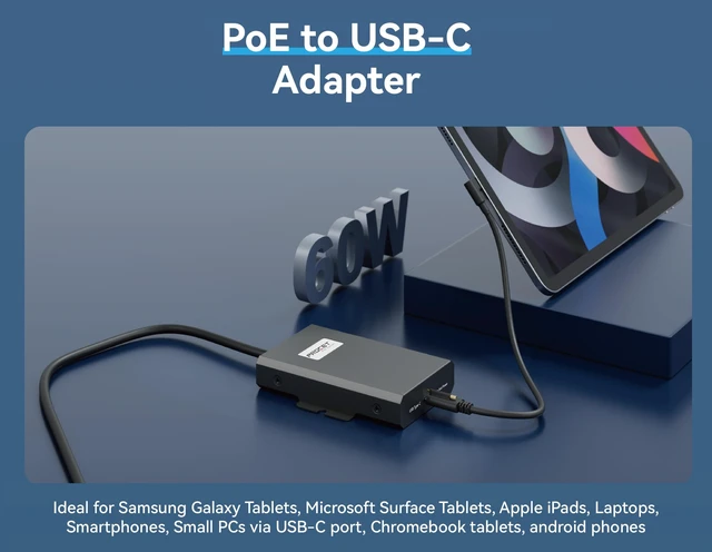 Alt view image 3 of 7 - PROCET Gigabit PoE to USB C Converter up to 60W RJ45 to C Type Power with Ethernet Connectivity, Wide Working Temp -4 to 131 for Echo Hub, Home Assistant, Beosound A5, VR Quest, Tablet, iPad, Laptop