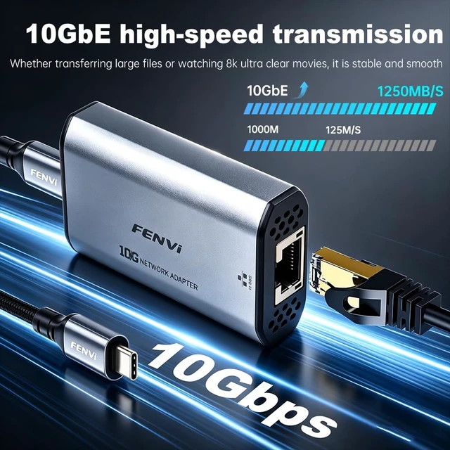 Alt view image 4 of 7 - FENVI 10Gbps USB-C to RJ45 Ethernet Adapter with Realtek RTL8159 for PC | Multi-Speed 10G/5G/2.5G/1G/100M, 10G USB 3.2 Type-C to RJ45 Adapter, Thunderbolt 3/4/5, NAS & 4K Editing Ready, Win/Mac/Linux
