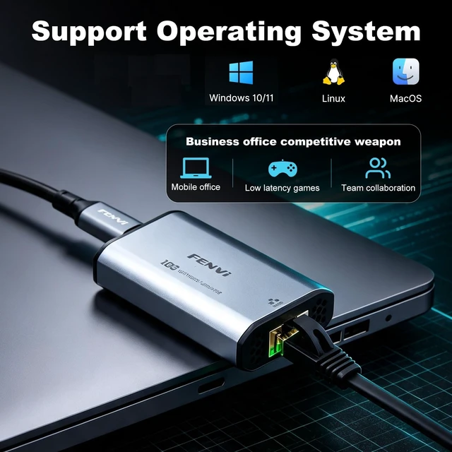 Alt view image 6 of 7 - FENVI 10Gbps USB-C to RJ45 Ethernet Adapter with Realtek RTL8159 for PC | Multi-Speed 10G/5G/2.5G/1G/100M, 10G USB 3.2 Type-C to RJ45 Adapter, Thunderbolt 3/4/5, NAS & 4K Editing Ready, Win/Mac/Linux