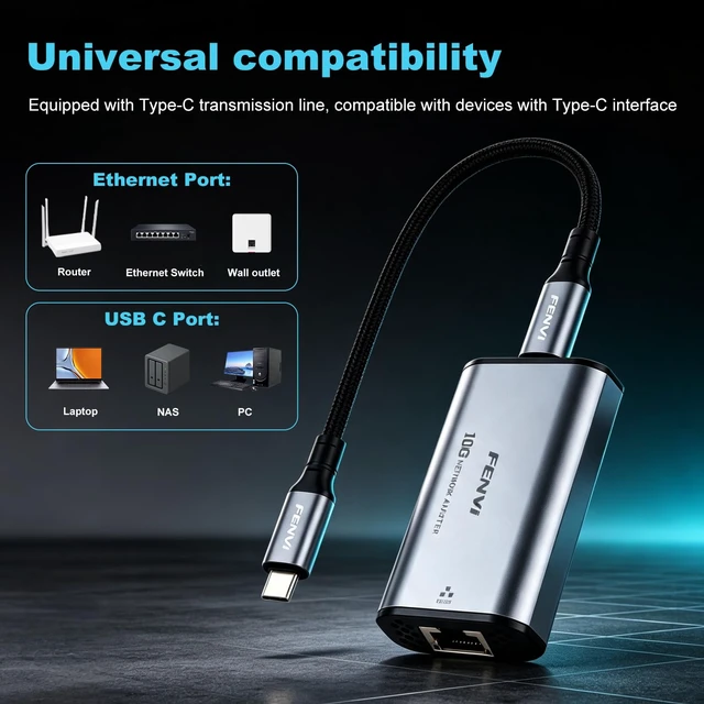 Alt view image 7 of 7 - FENVI 10Gbps USB-C to RJ45 Ethernet Adapter with Realtek RTL8159 for PC | Multi-Speed 10G/5G/2.5G/1G/100M, 10G USB 3.2 Type-C to RJ45 Adapter, Thunderbolt 3/4/5, NAS & 4K Editing Ready, Win/Mac/Linux