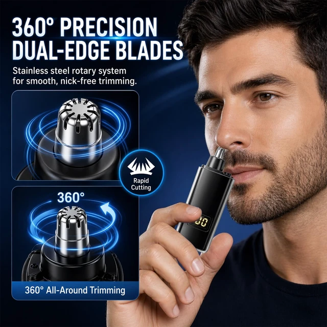 Alt view image 2 of 7 - Portable Nose Hair Trimmer for Men Women, Ear and Nose Hair Trimmer Clipper | Waterproof Dual Edge Blades Nasal Trimmers with LED Display, USB-C Rechargeable Facial Hairs Remover, Mini Size