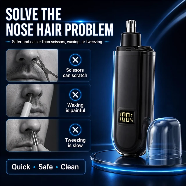 Alt view image 4 of 7 - Portable Nose Hair Trimmer for Men Women, Ear and Nose Hair Trimmer Clipper | Waterproof Dual Edge Blades Nasal Trimmers with LED Display, USB-C Rechargeable Facial Hairs Remover, Mini Size