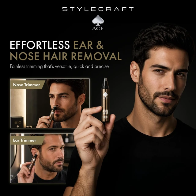 Alt view image 2 of 7 - StyleCraft Ace Ear & Nose Hair Trimmer for Men Rechargeable Up to 8,500 RPM | Advanced 360° Rotating Blade for Smooth and Precise Hair Removal, Dual-Speed Motor with Protective Cap, Travel Friendly