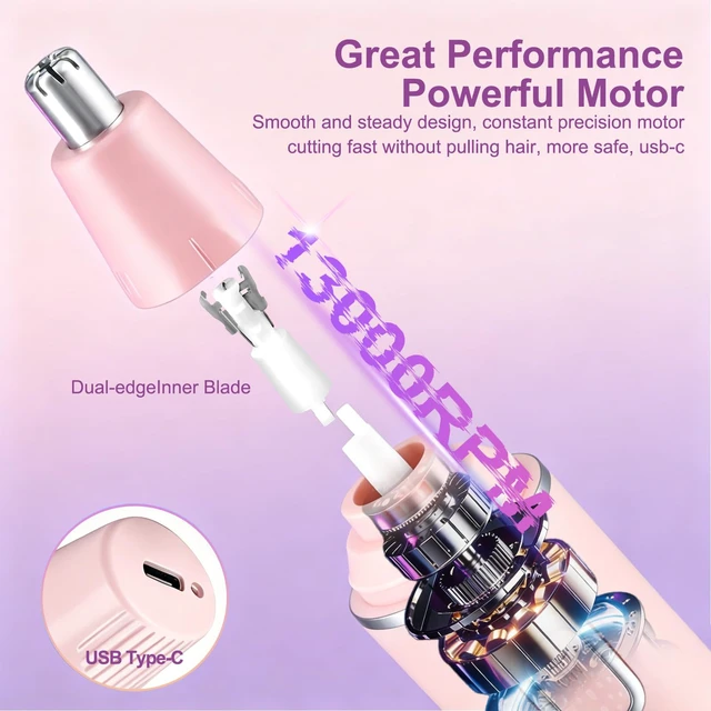 Alt view image 7 of 7 - AREYZIN Nose Hair Trimmer for Women, 2 in 1 Professional Painless Electric Facial and Eyebrow Hair Remover, IPX7 Waterproof, USB Rechargeable, Dual-Edge Blades (Pink)