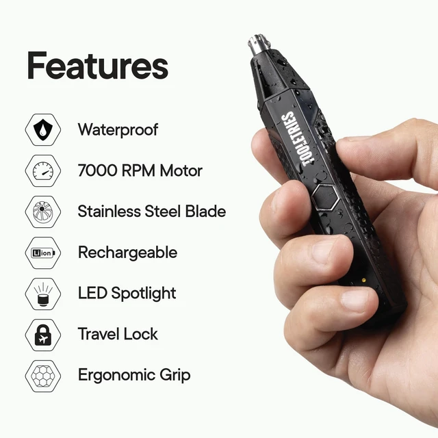 Alt view image 3 of 7 - TOOLETRIES The Ranger Nose & Ear Hair Trimmer for Men - Black | Rechargeable waterproof trimmer with stainless steel dual-edge blades, LED spotlight and travel lock.