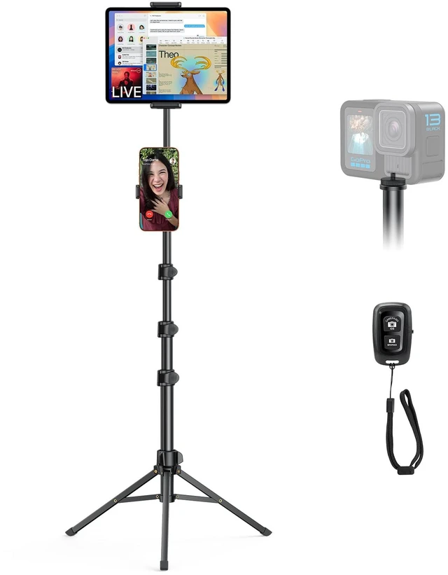 Main image of OMOTON 65" Tablet Floor Stand Tripod for iPad with Remote, 360°Phone Holder | Adjustable Height Angle, 2 Clamps for iPad/ iPhone/ Kindle, 1/4" Screw for Action Camera, Home Kitchen Travel Accessories