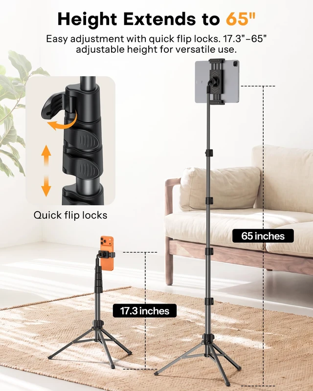 Alt view image 2 of 7 - OMOTON 65" Tablet Floor Stand Tripod for iPad with Remote, 360°Phone Holder | Adjustable Height Angle, 2 Clamps for iPad/ iPhone/ Kindle, 1/4" Screw for Action Camera, Home Kitchen Travel Accessories