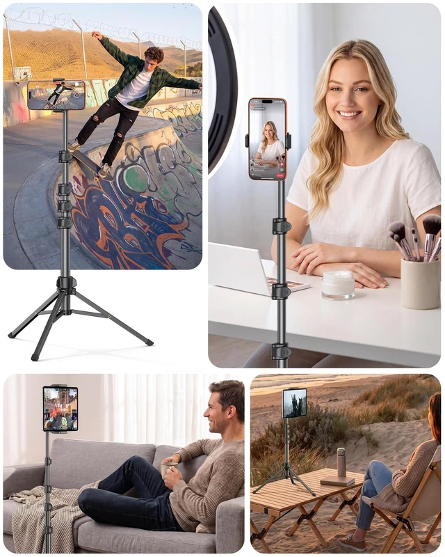Alt view image 4 of 7 - OMOTON 65" Tablet Floor Stand Tripod for iPad with Remote, 360°Phone Holder | Adjustable Height Angle, 2 Clamps for iPad/ iPhone/ Kindle, 1/4" Screw for Action Camera, Home Kitchen Travel Accessories