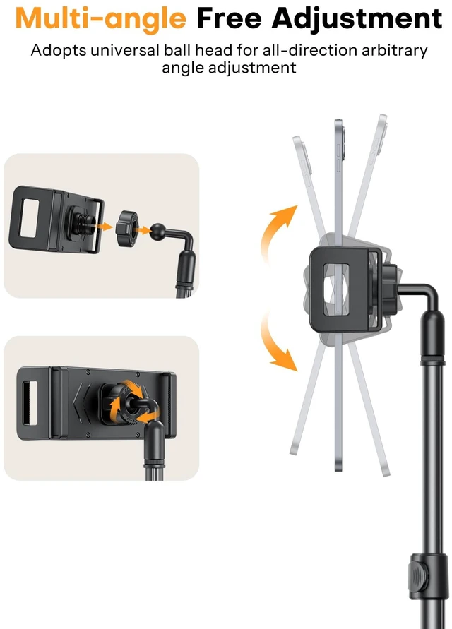Alt view image 7 of 7 - OMOTON 65" Tablet Floor Stand Tripod for iPad with Remote, 360°Phone Holder | Adjustable Height Angle, 2 Clamps for iPad/ iPhone/ Kindle, 1/4" Screw for Action Camera, Home Kitchen Travel Accessories