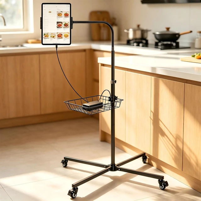 Alt view image 3 of 7 - Coslony Rolling Tablet Floor Stand with Wheels - Bed Mount for 4.7-13" iPad | Adjustable aluminum Gooseneck arm, Built-in Storage Basket for iPad Pro Air Mini, Galaxy Tab, Kindle, Phones