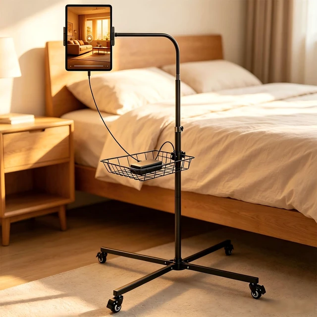 Alt view image 5 of 7 - Coslony Rolling Tablet Floor Stand with Wheels - Bed Mount for 4.7-13" iPad | Adjustable aluminum Gooseneck arm, Built-in Storage Basket for iPad Pro Air Mini, Galaxy Tab, Kindle, Phones