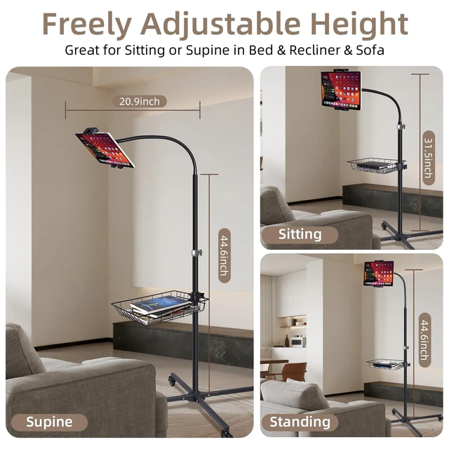 Alt view image 6 of 7 - Coslony Rolling Tablet Floor Stand with Wheels - Bed Mount for 4.7-13" iPad | Adjustable aluminum Gooseneck arm, Built-in Storage Basket for iPad Pro Air Mini, Galaxy Tab, Kindle, Phones