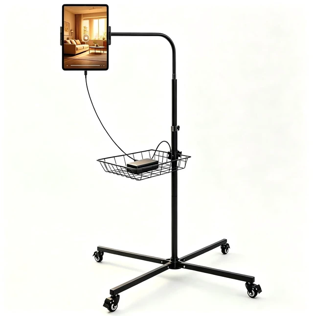Main image of Coslony Rolling Tablet Floor Stand with Wheels - Bed Mount for 4.7-13" iPad | Adjustable aluminum Gooseneck arm, Built-in Storage Basket for iPad Pro Air Mini, Galaxy Tab, Kindle, Phones