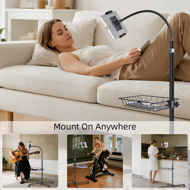 Alt view image 2 of 7 - Coslony Rolling Tablet Floor Stand with Wheels - Bed Mount for 4.7-13" iPad | Adjustable aluminum Gooseneck arm, Built-in Storage Basket for iPad Pro Air Mini, Galaxy Tab, Kindle, Phones