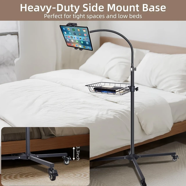 Alt view image 7 of 7 - Coslony Rolling Tablet Floor Stand with Wheels - Bed Mount for 4.7-13" iPad | Adjustable aluminum Gooseneck arm, Built-in Storage Basket for iPad Pro Air Mini, Galaxy Tab, Kindle, Phones
