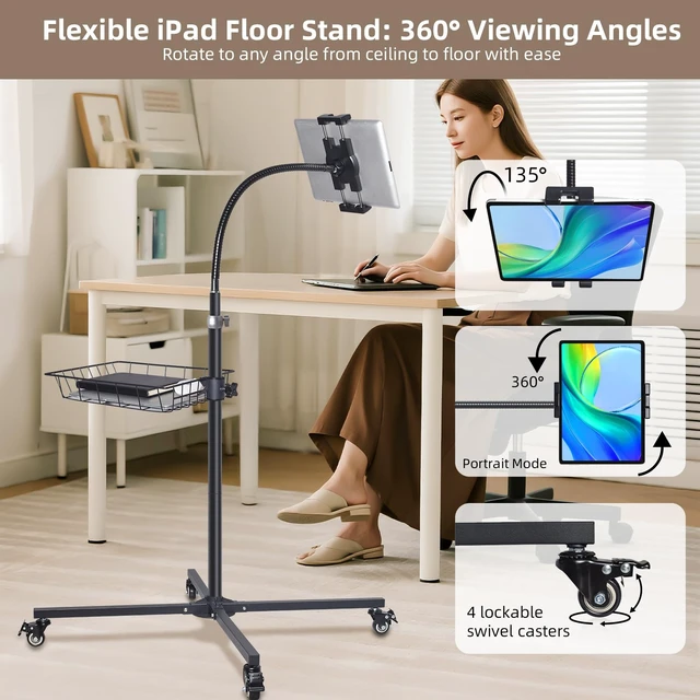 Alt view image 4 of 7 - Coslony Rolling Tablet Floor Stand with Wheels - Bed Mount for 4.7-13" iPad | Adjustable aluminum Gooseneck arm, Built-in Storage Basket for iPad Pro Air Mini, Galaxy Tab, Kindle, Phones