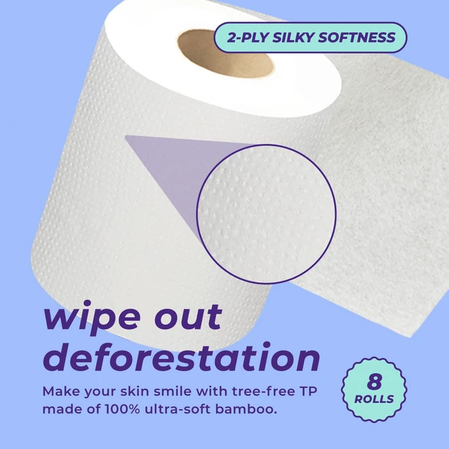 Alt view image 11 of 14 - Bamboo Toilet Paper 2 Ply - Sustainable Toilet Tissue - 8 Double Rolls, 320 Sheets Per Roll - Septic Safe - Plastic Free