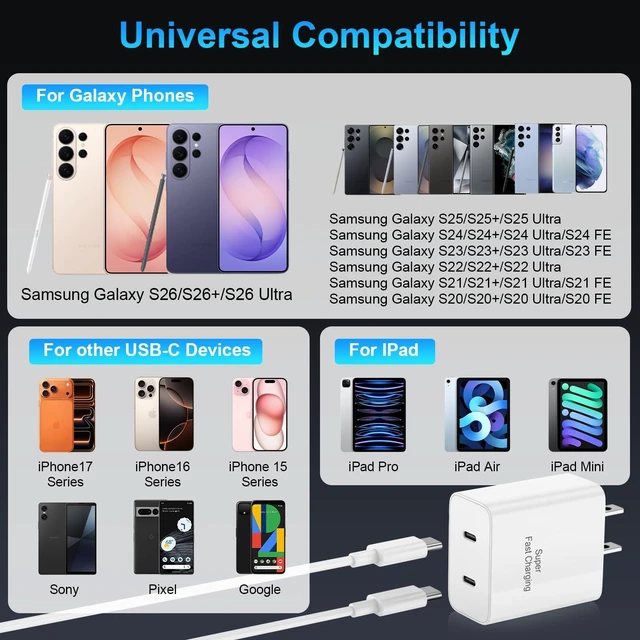Alt view image 9 of 14 - Charger Fast Charging, 45W Dual USB C Android Phone Charger Block with 6FT Long Type C Cable Cord for Apple iPhone 17/Pro/Pro Max/Air/16/15 Plus/iPad/S26 Ultra/S25/S24/S23/S22(White)