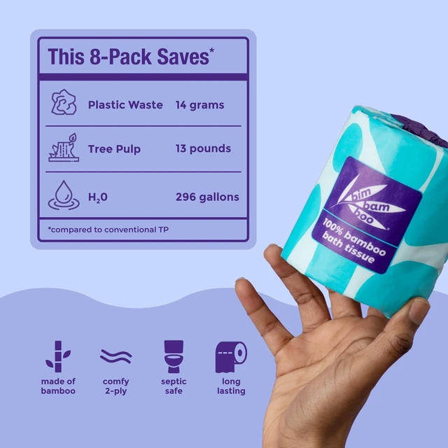 Alt view image 13 of 14 - Bamboo Toilet Paper 2 Ply - Sustainable Toilet Tissue - 8 Double Rolls, 320 Sheets Per Roll - Septic Safe - Plastic Free