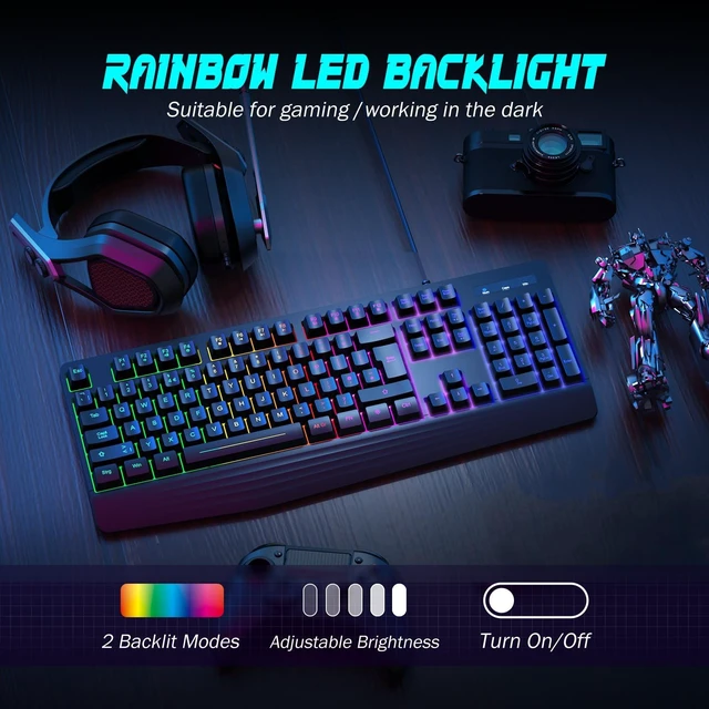 Alt view image 9 of 14 - Gaming Keyboard, 7-Color Rainbow LED Backlit, 104 Keys Quiet Light Up Keyboard, Wrist Rest, Whisper Silent, Anti-ghosting Multimedia Keys, Waterproof USB Wired Keyboard for PC Mac Xbox