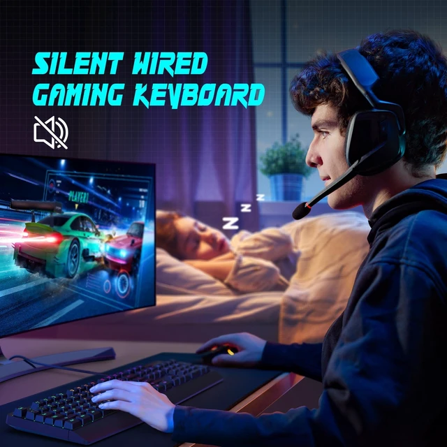 Alt view image 14 of 14 - Gaming Keyboard, 7-Color Rainbow LED Backlit, 104 Keys Quiet Light Up Keyboard, Wrist Rest, Whisper Silent, Anti-ghosting Multimedia Keys, Waterproof USB Wired Keyboard for PC Mac Xbox