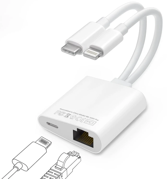 Alt view image 6 of 10 - USB C to Ethernet Adapter,Apple MFi Certified Lightning to 10/100 Gigabit Ethernet Internet Adapter, 2 in 1 RJ45 LAN Network Dongle with PD Charging Prot for iPhone iPad Samsung Android MacBook Laptop