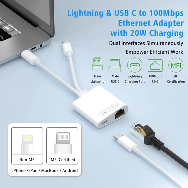 Alt view image 7 of 10 - USB C to Ethernet Adapter,Apple MFi Certified Lightning to 10/100 Gigabit Ethernet Internet Adapter, 2 in 1 RJ45 LAN Network Dongle with PD Charging Prot for iPhone iPad Samsung Android MacBook Laptop